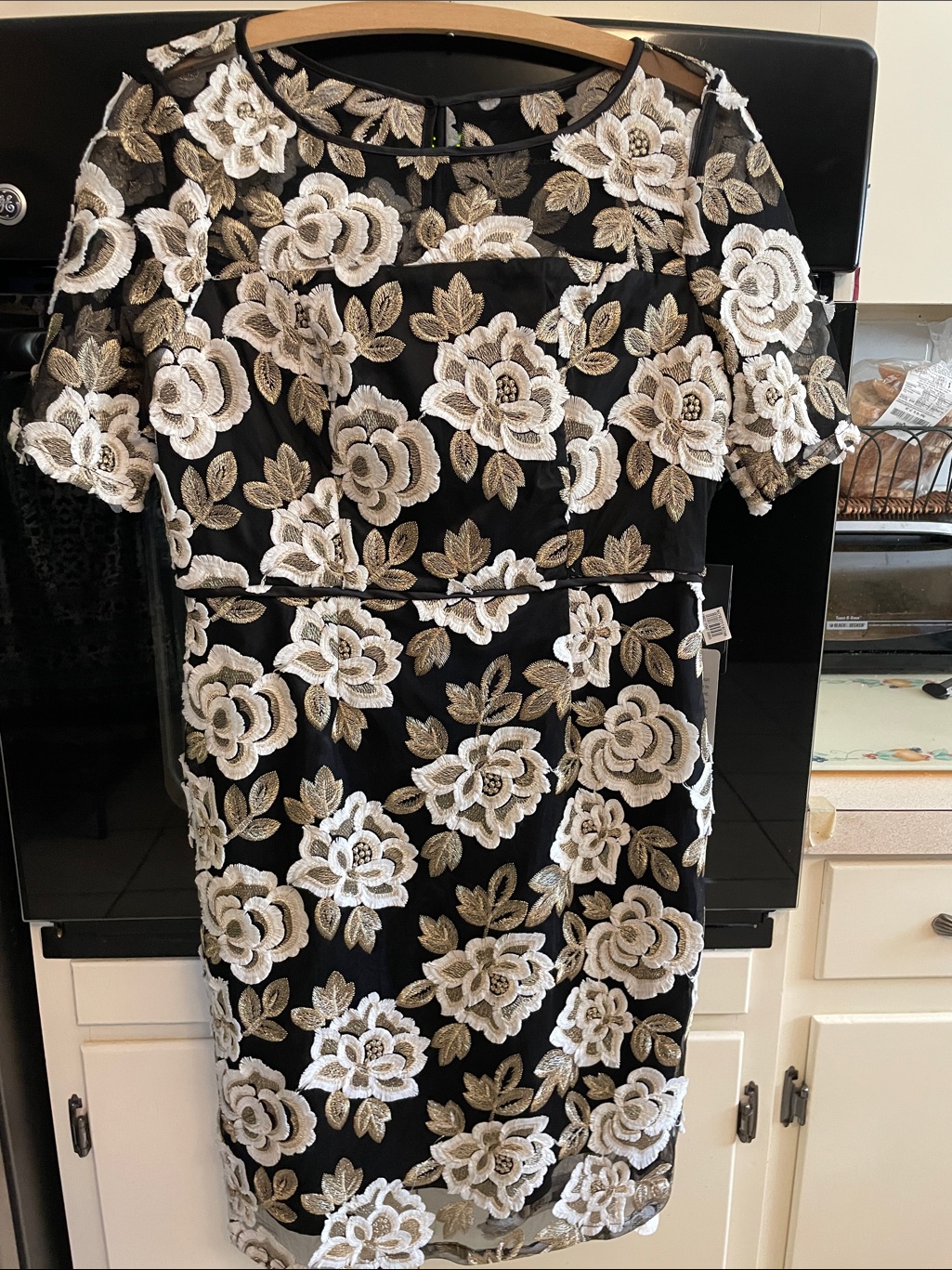 Adrianna Papell Black Midi Dress With White And Gold Floral Lace